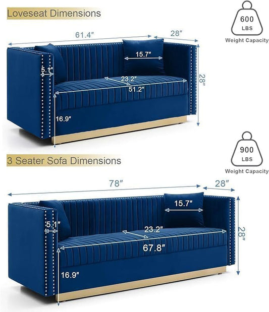 Velvet Sofa Set: Modern L Shaped Couch and Loveseat Set with Gold Metal Legs and Nailhead for Living Room, Apartment and Office (Blue)-1