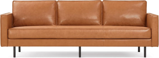 Valencia Varese 90” Cognac Tan Brown 3 Seater Full Leather Sofa - Italian Nappa Leather Modern Cloud Couch for Living Room/Apartment Furniture - Lounge Sofa with Removable Cushion-0