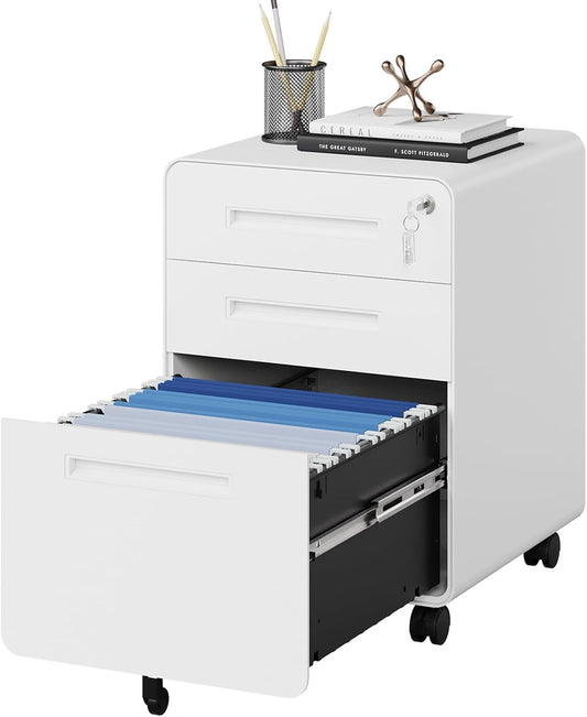 Mobile Filing Cabinet 3 Drawer, White Small File Cabinet with Lock under Desk, Filing Cabinet for Home Office with Wheels, A4/Letter/Legal Hanging File Folders-0