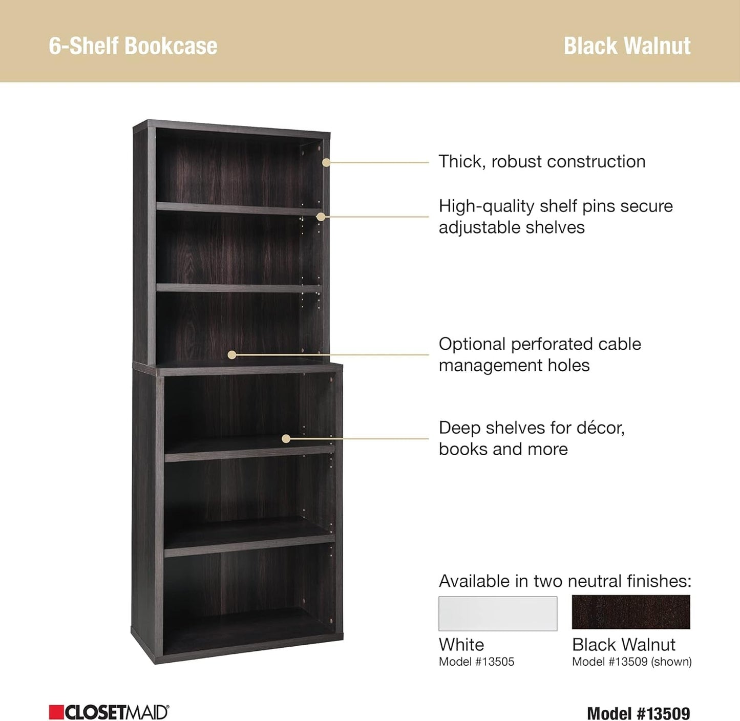Bookshelf with 6 Shelf Tiers, Adjustable Shelves, Tall Bookcase Hutch, Sturdy Wood with Closed Back Panel, Black Walnut Finish-3