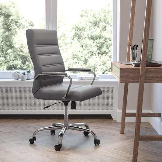 Whitney High-Back Swivel Leathersoft Desk Chair with Padded Seat and Armrests, Adjustable Height Padded Office Chair, Gray/Chrome-1