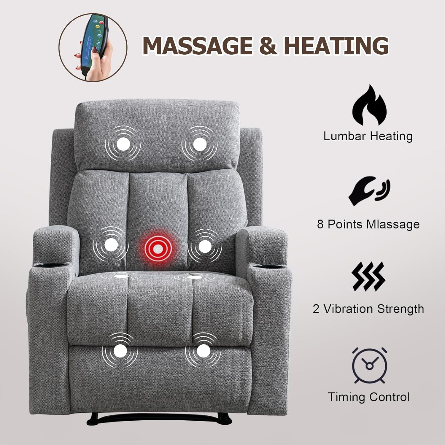 Manual Recliner Chair with Massage and Heat for Living Room Overstuffed Breathable Fabric Reclining Chair with 2 Side Pockets, 2 Cup Holders, Remote Control, Gray-3