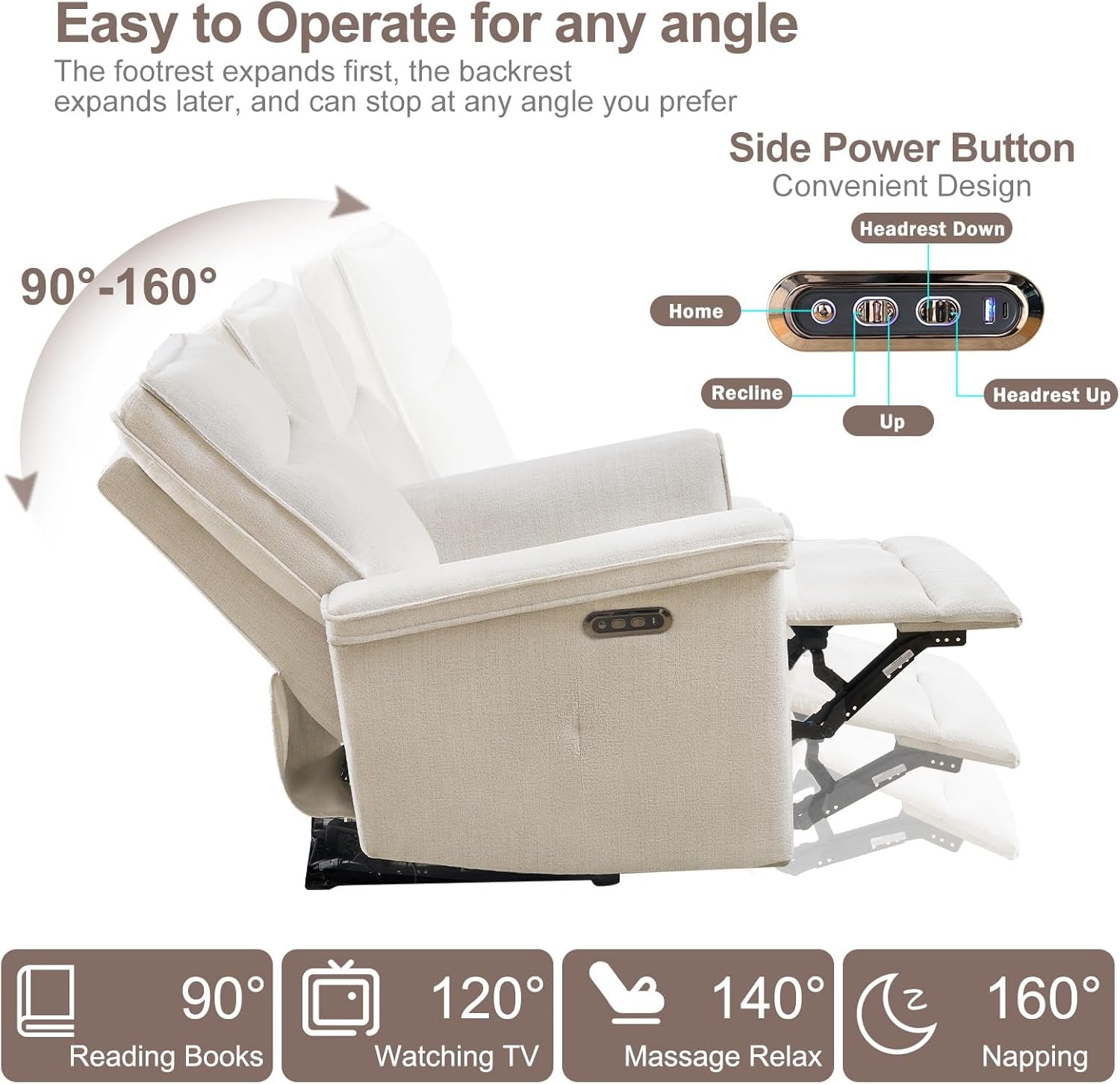 Oversized Power Recliner Chair with Massage and Heat, Upgraded Chenille 44'' Extra Wide Recliner Chairs for Adults with Power Headrest, Electric Recliner for Living Room, Beige-2