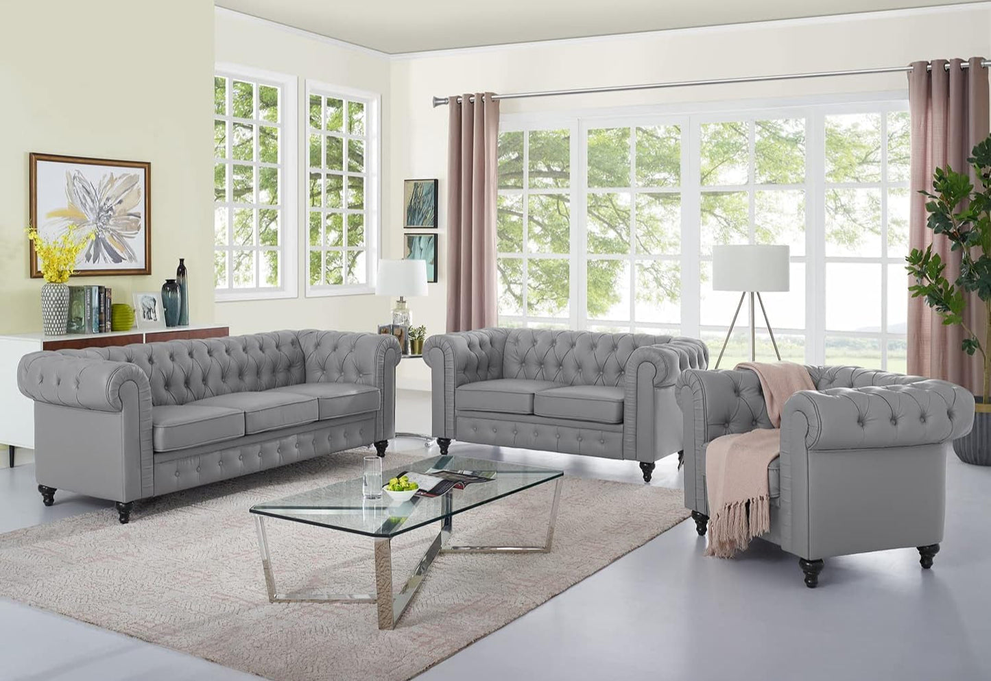 Emery Chesterfield 3 Piece Living Room Sectional Sofa Set with Rolled Arms, Tufted Cushion Sofas for Living Room Set Includes Sofa, Loveseat Couch, Accent Arm Chair / Easy Tool-Free Assembly – Gray-0