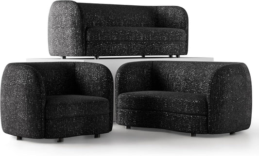 Nimiane Modern Boucle Seating with Curved Arms and Wooden Legs, Comfy Fabric Upholstered for Living Room, Bedroom, Home Office, 1-Seat + 2-Seat + 3-Seat, Black-0
