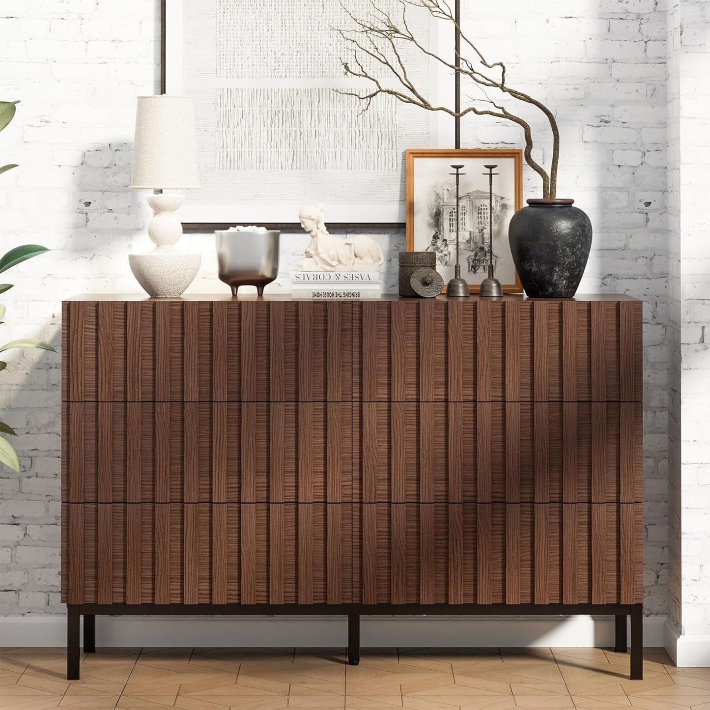 Walnut Dresser,Mid Century Modern Dresser,Brown Chest of Drawers for Bedroom,Fluted 6 Drawer Dresser with Metal Stand,Hallway(Dark Brown)-1