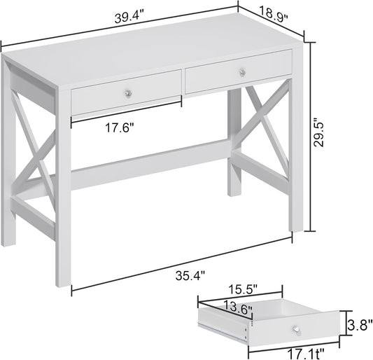 Computer Desk Study for Home Office, Modern Simple 40 Inches White Desk with Drawers, Makeup Vanity Console Table-1