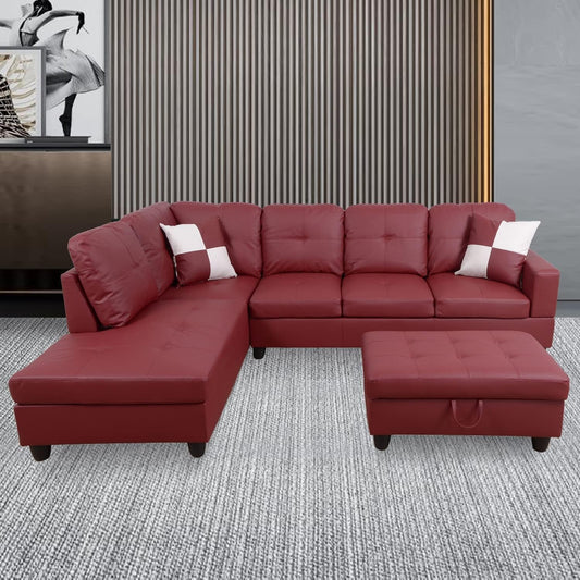 Ponliving Furniture Modern L-Shaped Leather Sectional Sofa Left Hand Facing (Red)-0