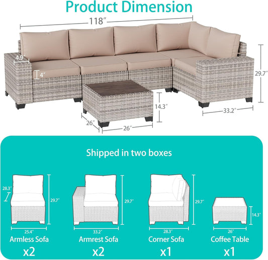 6-Piece Outdoor Patio Furniture Set Wicker Sectional Sofa Set, Patio Conversation Set with Thickened Cushions & Coffee Table for Garden, Backyard, Poolside, Beige-1