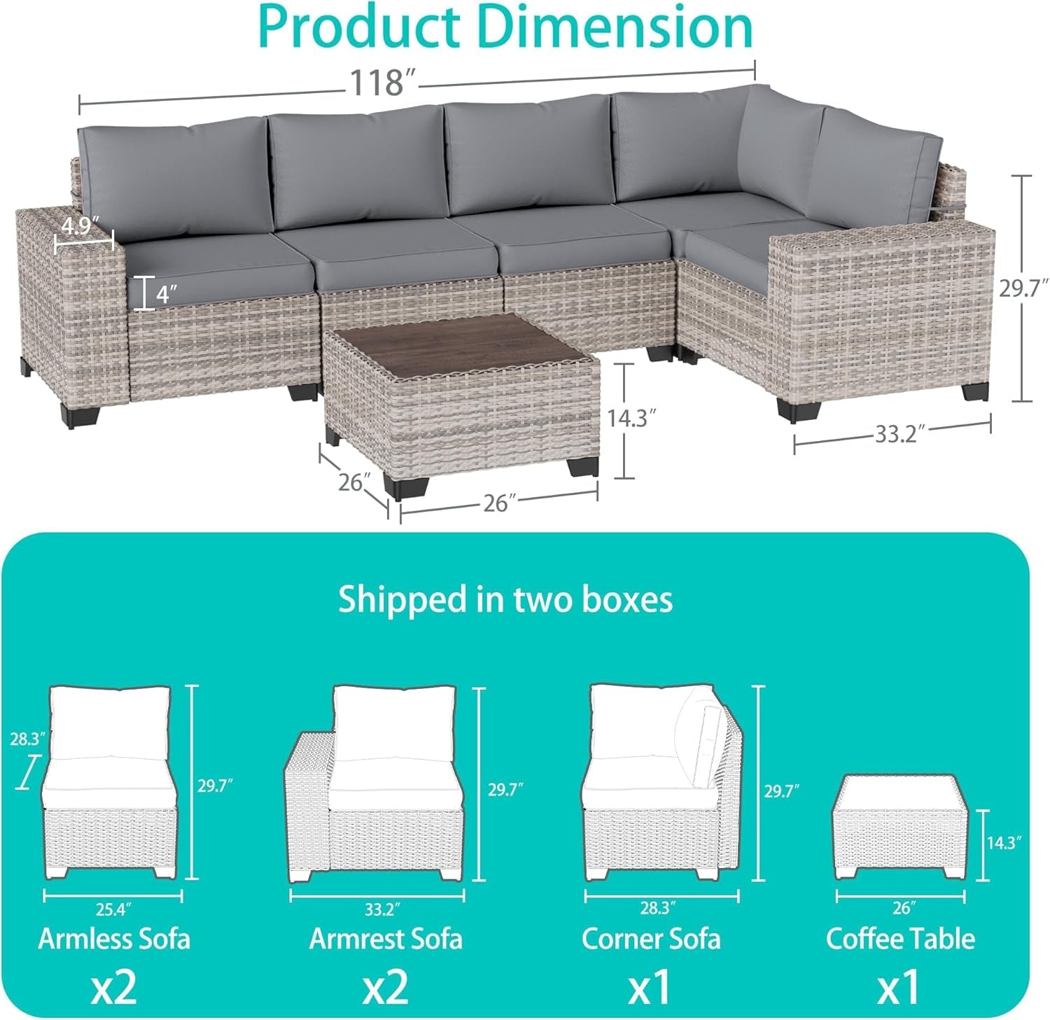 6-Piece Outdoor Patio Furniture Set Wicker Sectional Sofa Set, Patio Conversation Set with Thickened Cushions & Coffee Table for Garden, Backyard, Poolside, Grey-1