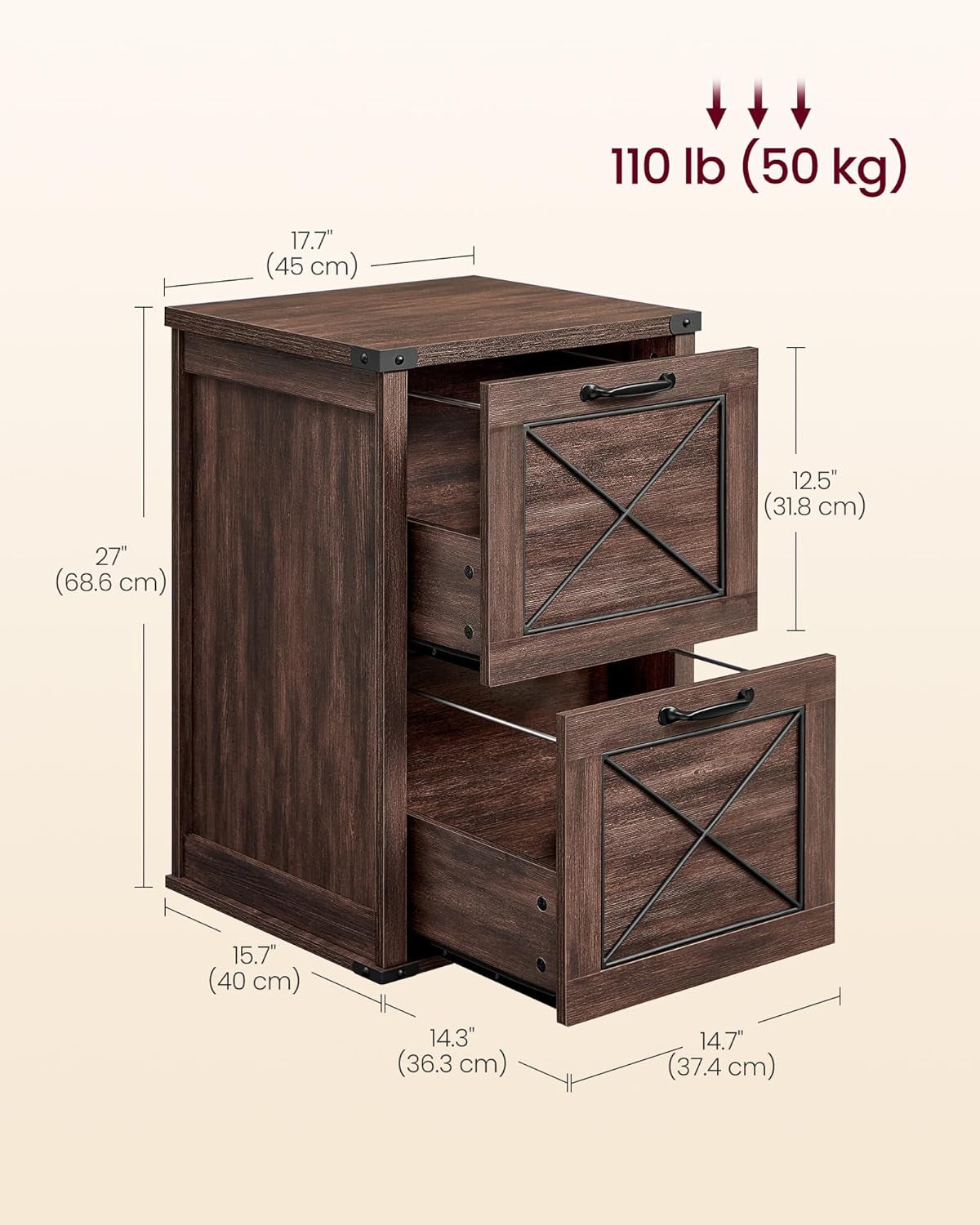 File Cabinet, Filing Cabinet with 2 File Drawers, Printer Stand, Fit A4, Letter Size, Hanging File Folders, Modern Farmhouse Style, for Home Office, Maroon Brown UOFC048K01-2