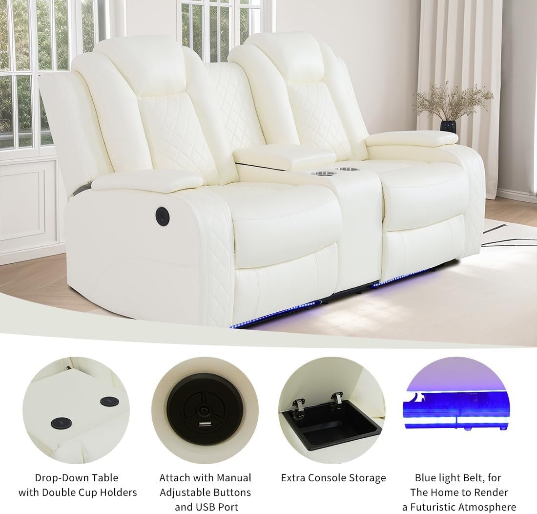 Living Room Set Leather Sofa Power Recliner Living Room Furniture Set Power Manual Loveseat with Cup Holders/Storage Console/Led Light for Living Room/Apartment(Creamy White, Loveseat)-2