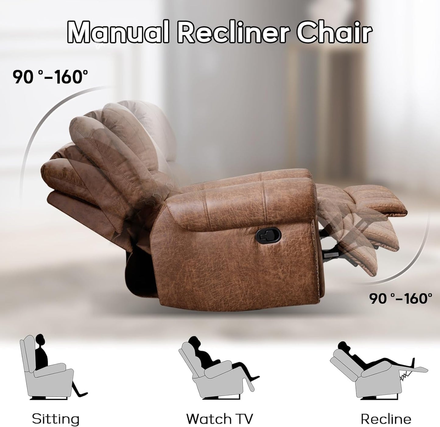 Manual Recliner Sofa Set, Faux Leather Reclining Living Room Set, Included Single Recliner Chair and Loveseat Manual Recliner Sofa, Brown(Recliner+ Loveseat)-4