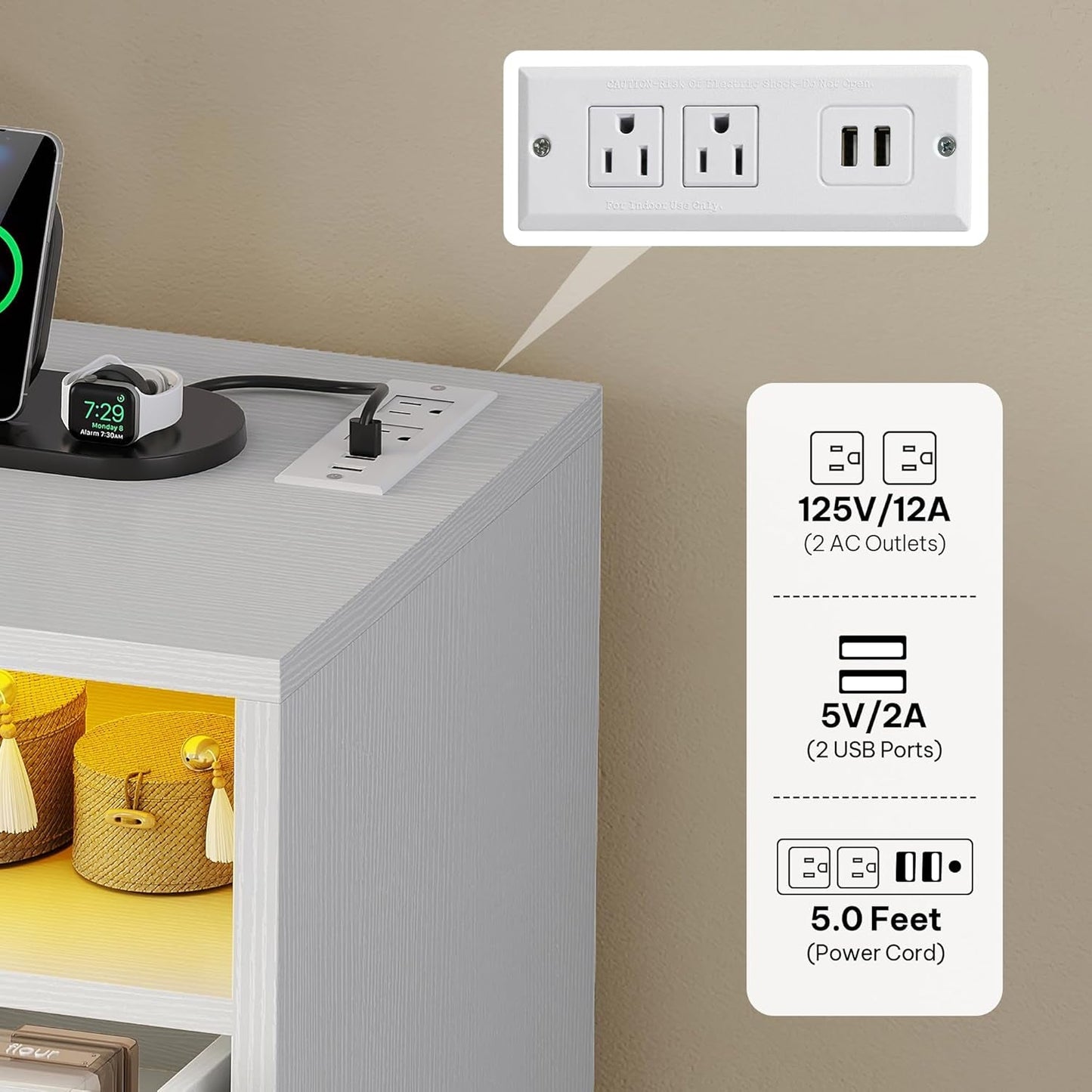 9 Drawer Double Dresser with LED Ligh, Modern Chests of Drawers with Power Outlet, High White Storage Dresser with Charging Station-White-3