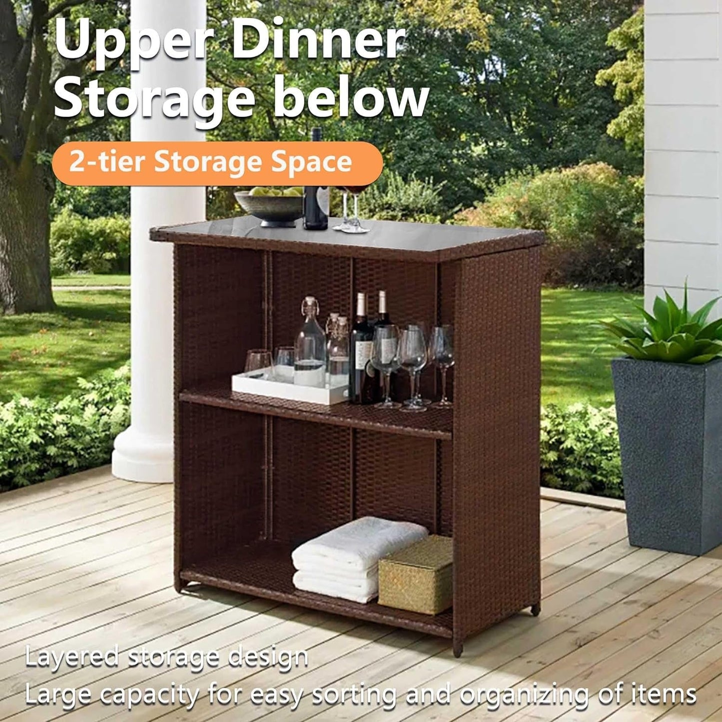 Rattan Bar Set 3Pcs Patio Wicker Bistro Set Sturdy Frame Bar Height Table with Glass Table Top Storage Shelves 2 Bar Stools for Patio Poolside Porch Outdoor Indoor, Khaki (Red)-4