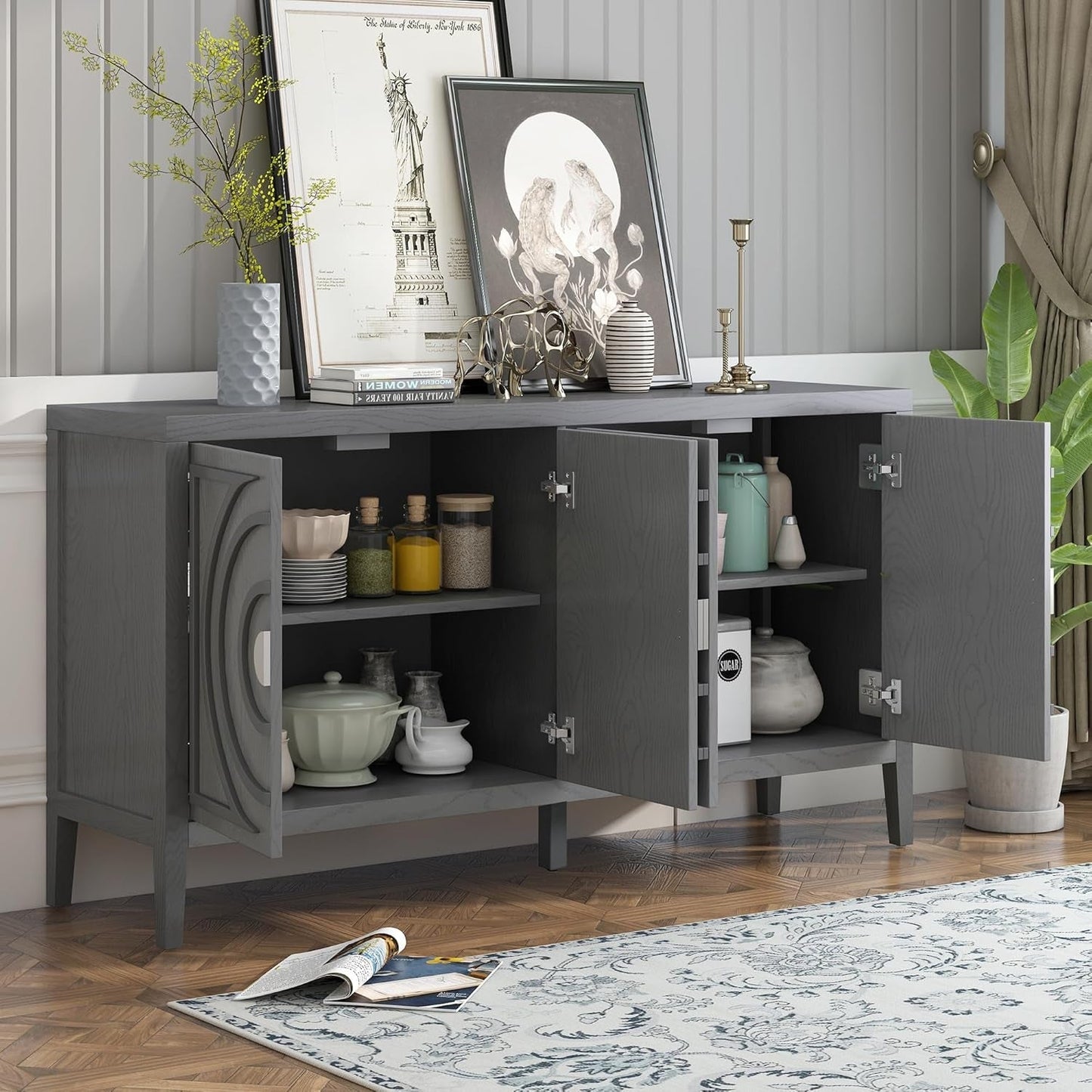Gray Wood Farmhouse Buffet Sideboard with with Circular Groove Designcoffee Bar Storge Cabinet Console Table for Living Room Kitchen, 1 Set-2
