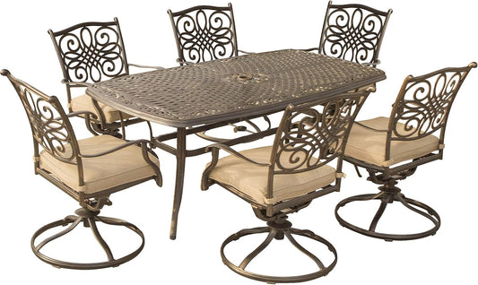 Traditions 7-Piece Patio Dining Set with 6 Swivel Rocker Chairs, Tan Cushions and Large 38"X72" Dining Table, Outdoor Dining Set for 6, Premium Weather Resistant Patio Furniture-0