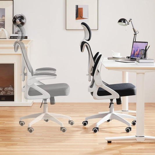 Ergonomic Mesh Office Chair, High Back Desk Chair with with Flip-Up Armrests, Adjustable Padded Headrest Computer Chair with Lumbar Support for Home Oiffce Game Room, White/Black-1