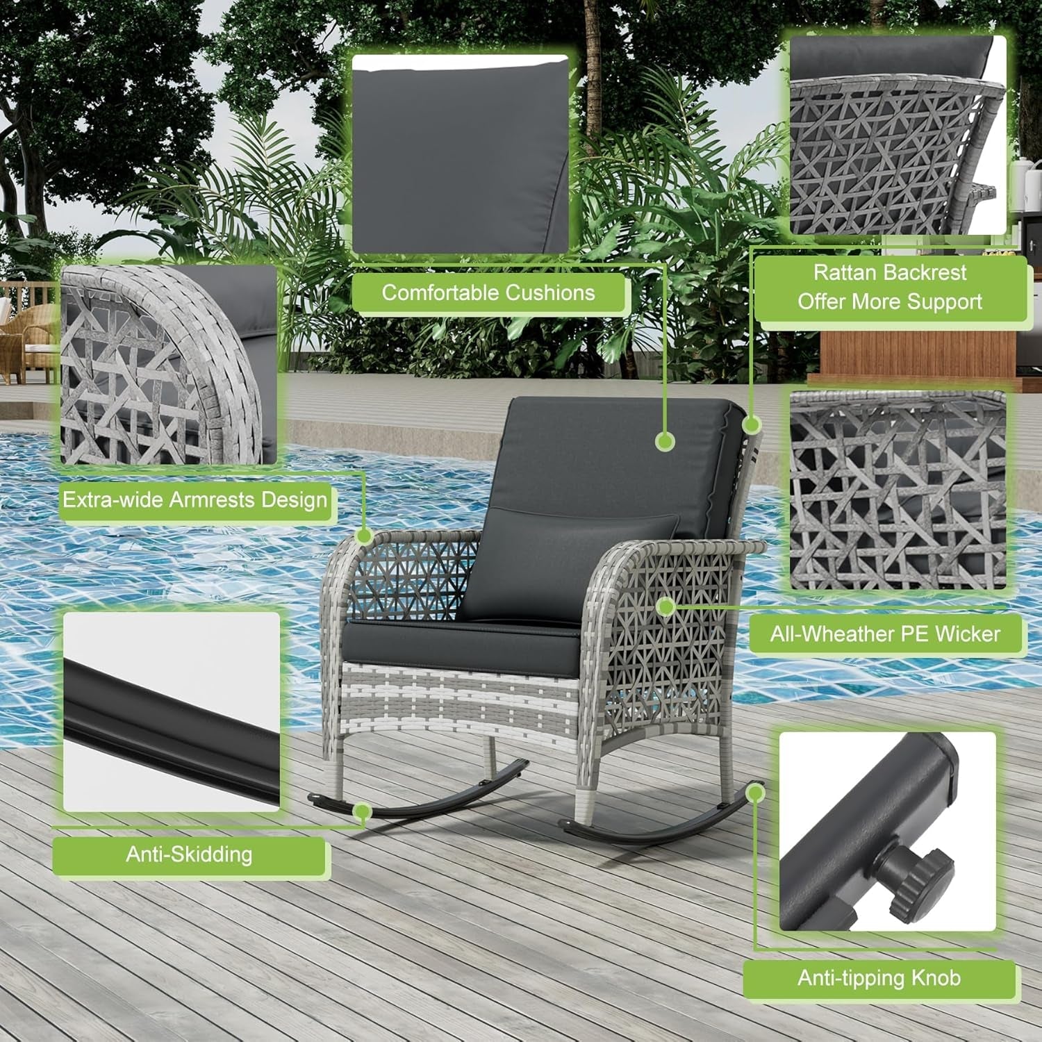 3 Piece Gray Wicker Patio Rocking Chair Set, Bistro Rocking Set, Outdoor Conversation Furniture with Porch Chairs and Glass Coffee Table, Slate Grey-4