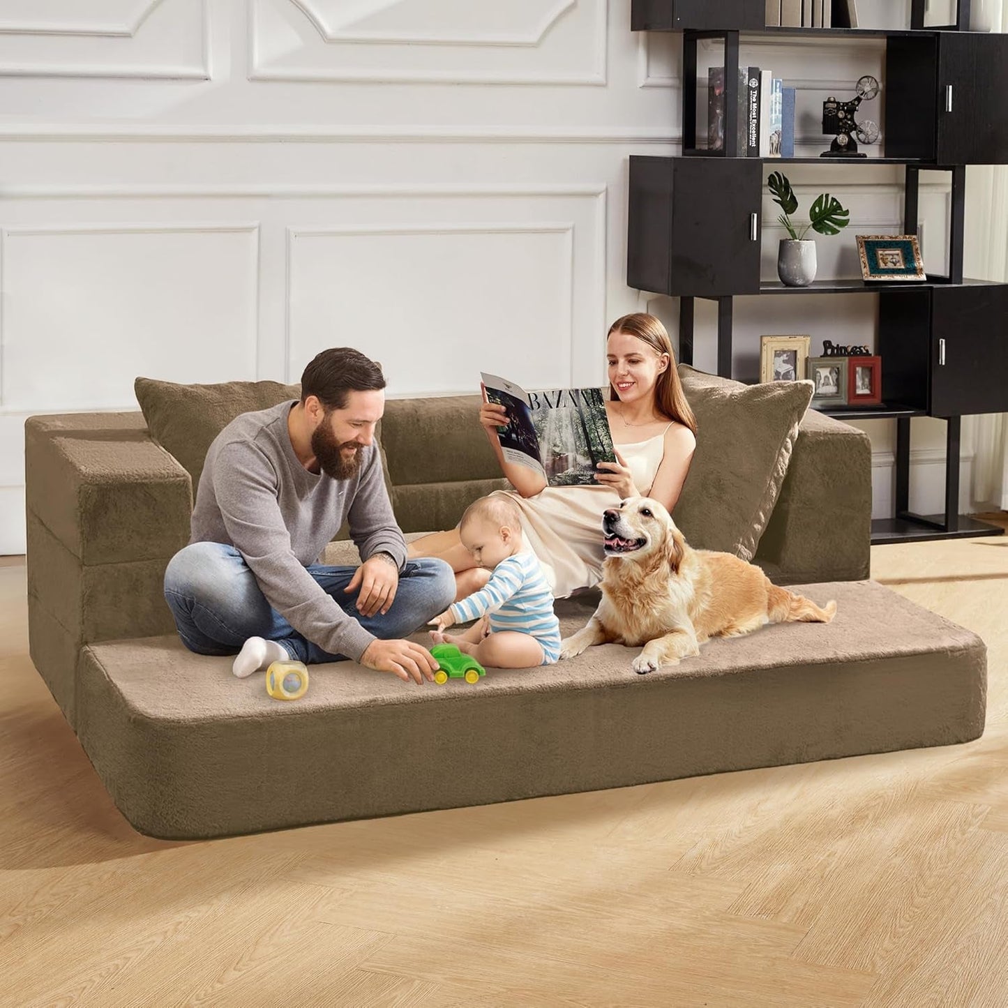 Folding Bean Bag Chair,3-In-1 Bean Bag Couch Faux Fur Floor Sofa Large Foam Beanbag Convertible Bean Bag Sofa Bed with Pillow for Adults(Brown, Large)-0