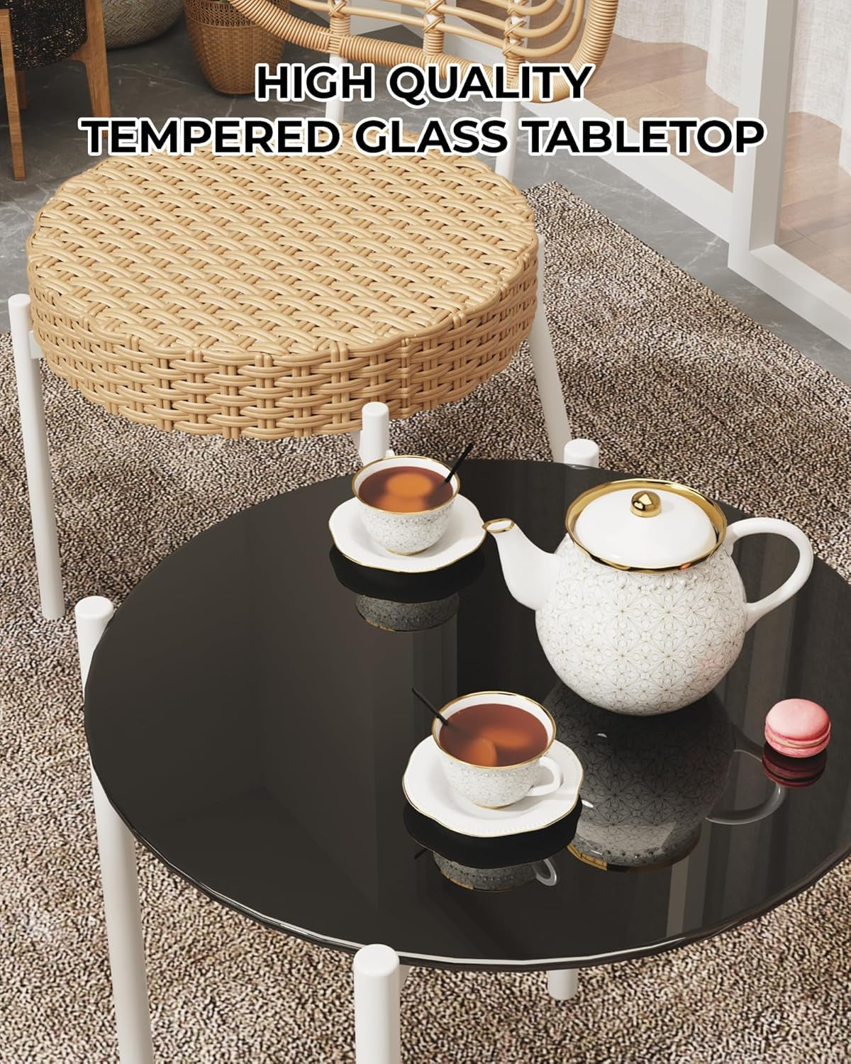 3 Pieces Patio Set, Outdoor Wicker Bistro Set All-Weather Rattan Deck Conversation Set of 3 with Table & Cushions for Deck, Patio, Balcony, Backyard, Brown & White-4