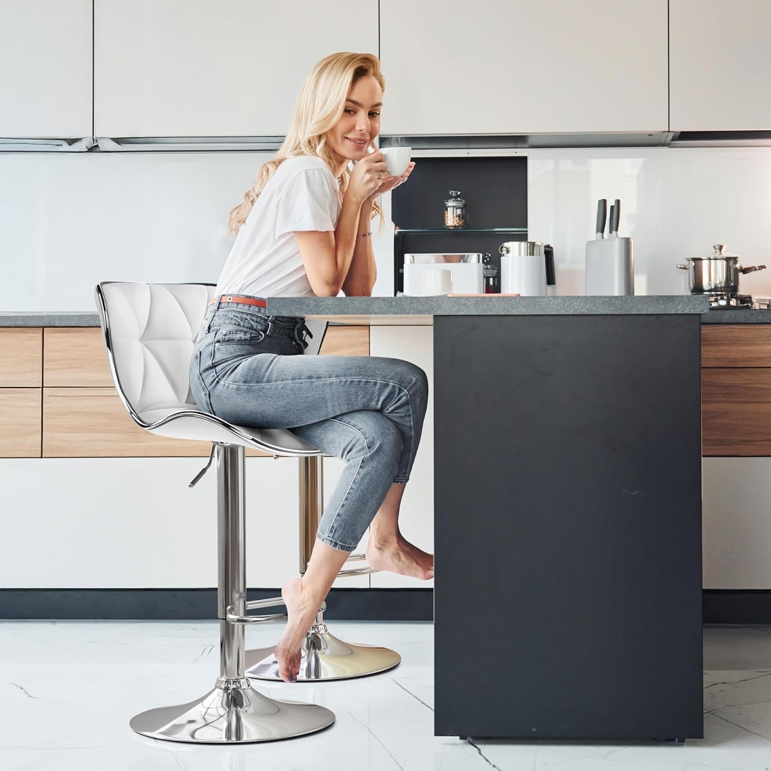 Bar Stools Set of 2, Island Chairs Shell Back, PU Leather Adjustable Barstools, Swivel Bar Chairs with Footrest for Home Kitchen, White-4