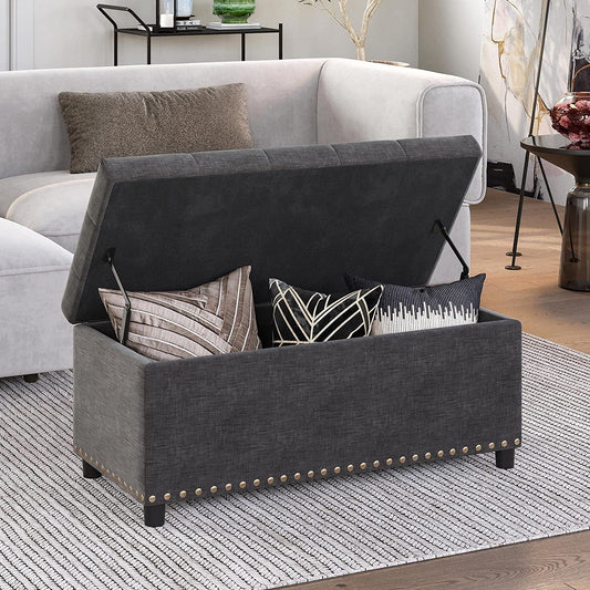 Button-Tufted Ottoman with Storage - Dark Grey-0