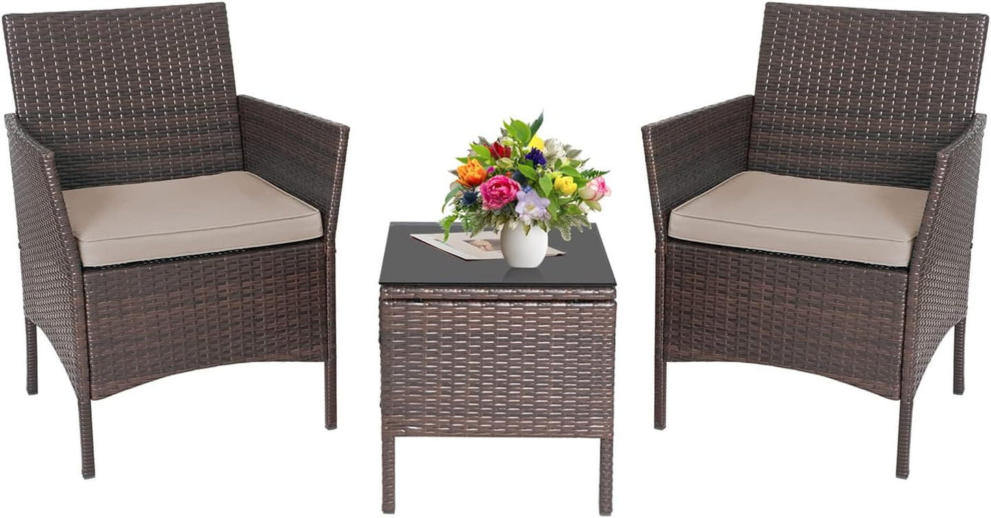 3-Piece Outdoor Wicker Conversation Bistro Set Outdoor Patio Porch Furniture Sets for Yard, Garden with 2 PE Rattan Wicker Chairs, 2 Cushions,1 Coffee Table-0