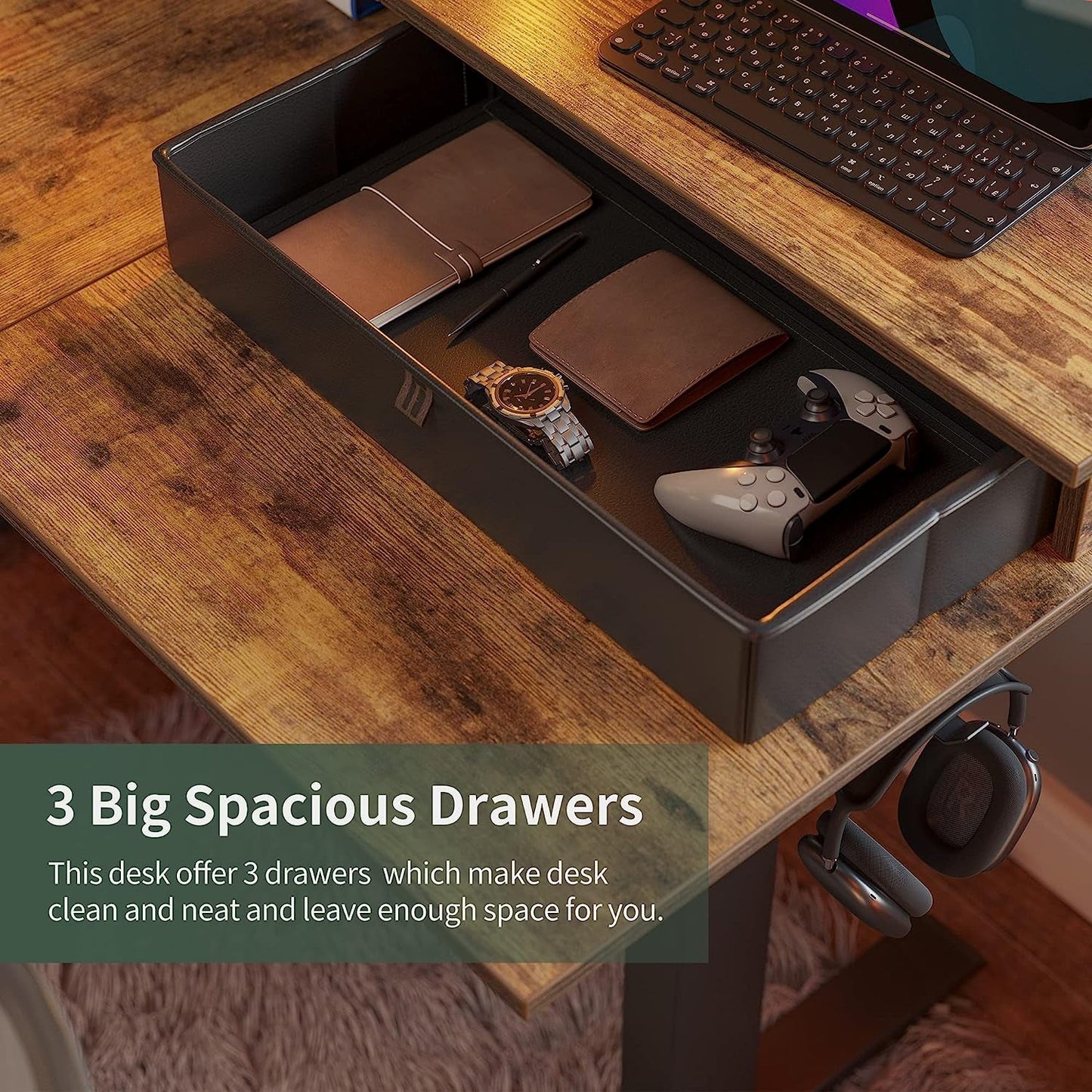 Triple Motor Standing Desk, L-Shaped, Rustic Brown-4