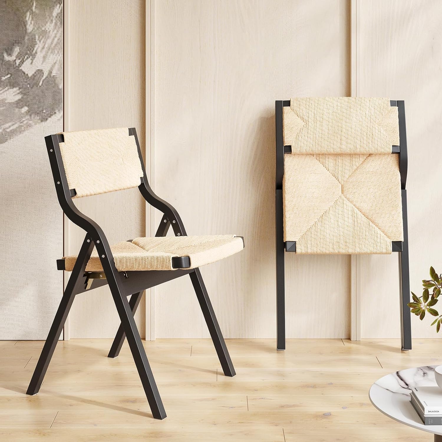 Wood Folding Chairs Set of 2, Foldable Chairs Chairs Wooden Stackable Dining Chairs for Kitchen & Dining Room Chair, Woven Seat & Webbing Back-0