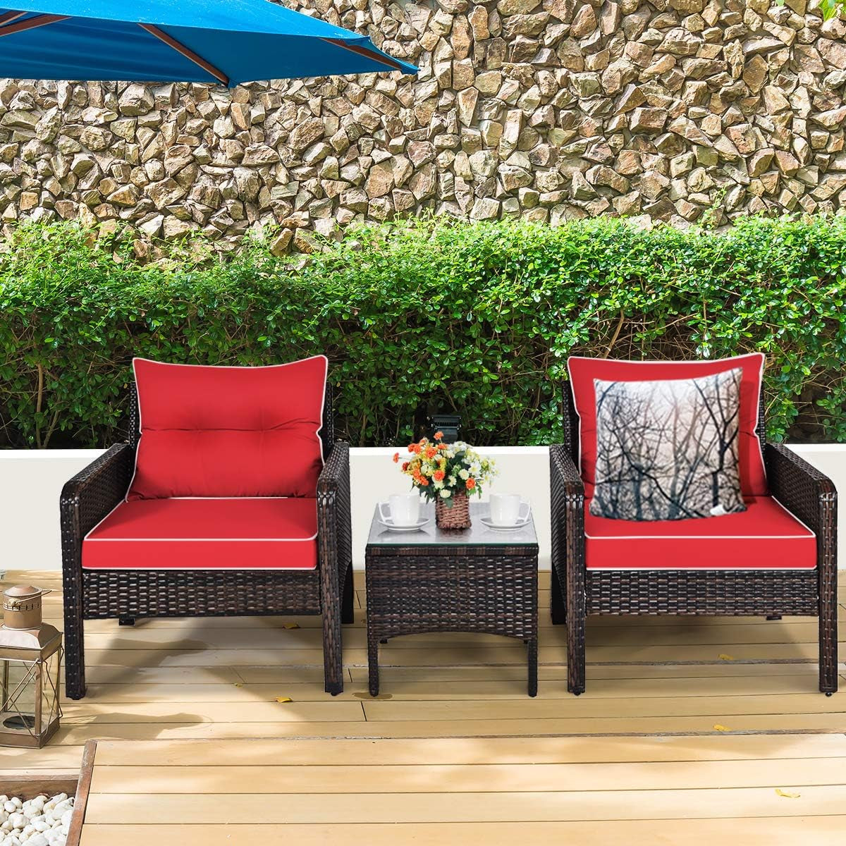3 Piece Outdoor Patio Furniture Set, Wicker Chairs Set with Glass Top Coffee Table, Thick Cushions, All Weather Garden Lawn Poolside Backyard Porch Furniture Set for 2 (Red)-2