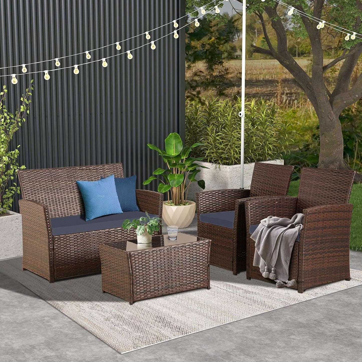 Outdoor Wicker Rattan Sofa Set Blue Cushions-0