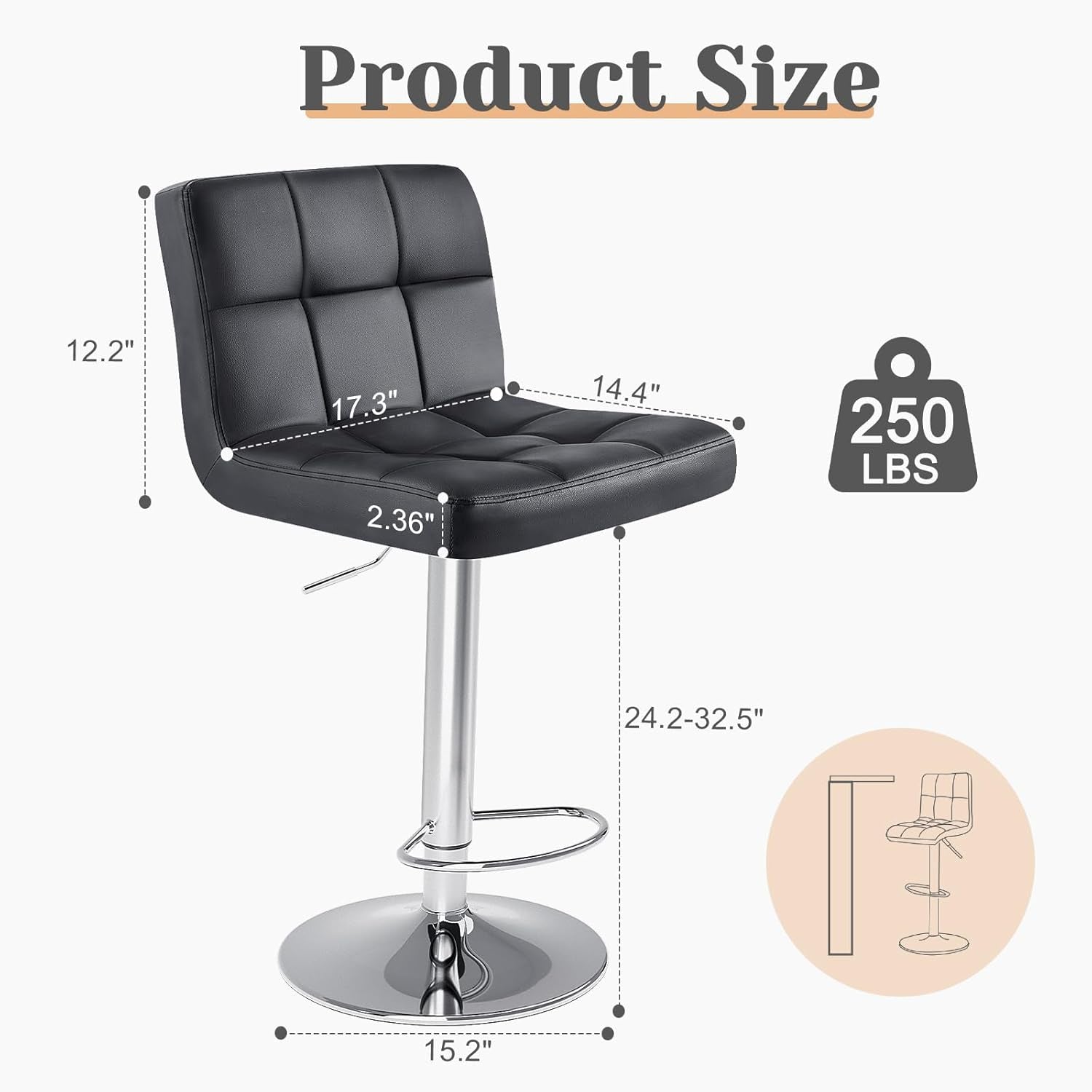 Bar Stools Set of 4, PU Leather Adjustable Swivel Barstools, Armless Hydraulic Kitchen Counter Height Bar Stools, Thickened Seat Cushion Square Island Barstools with Back, Black-2