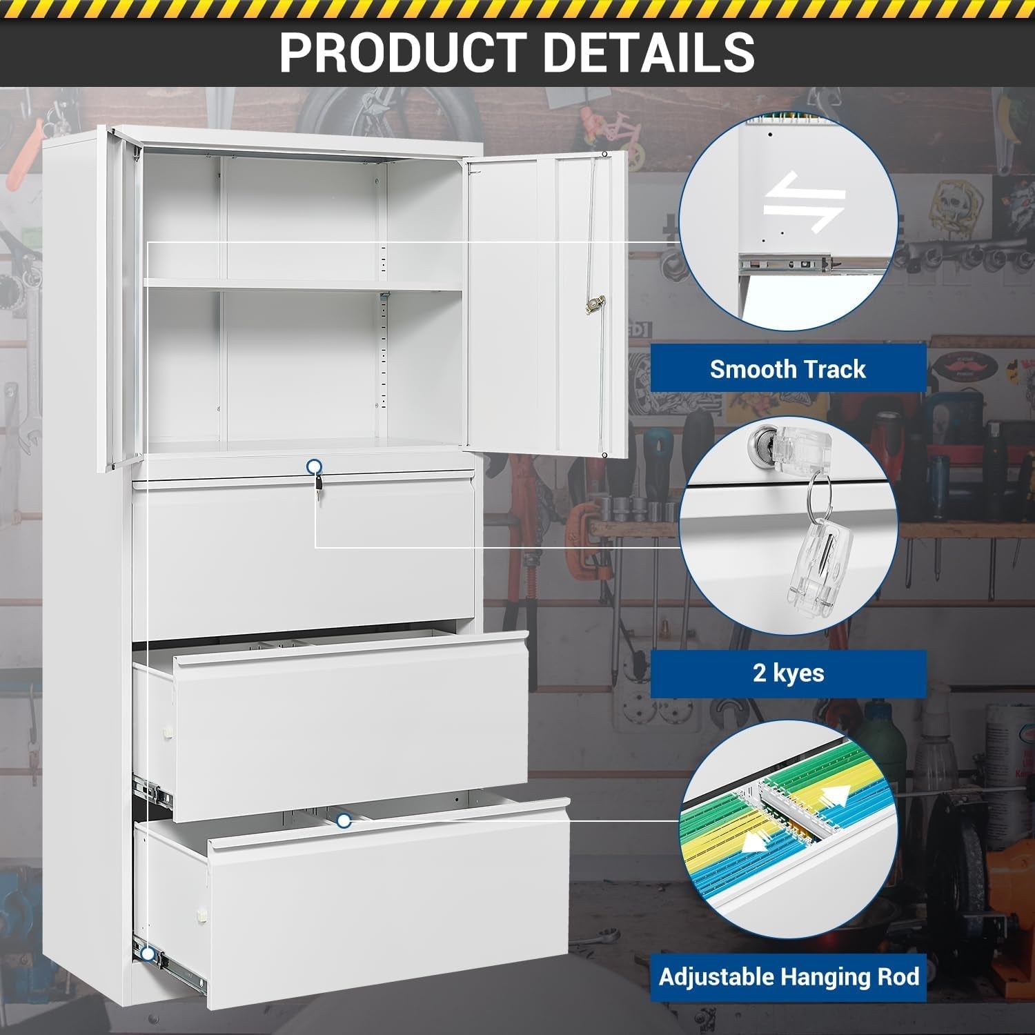 3 Drawers Metal Lateral File Cabinet with Lockable Drawer and Dorrs - White Large Steel Filing Cabinet for Home Office Hanging Files Letter/Legal/F4/A4 Size-3