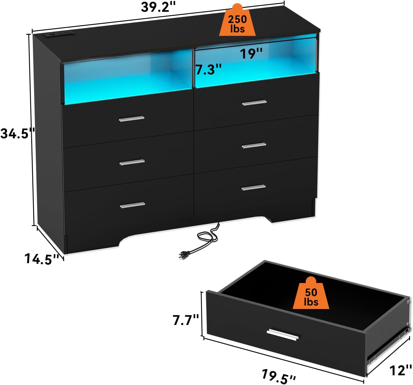 Dresser with Power Outlets and LED Lights Wooden 6 Drawer Dresser with Large Organizer Tall Black Dresser for Bedroom Chest of Drawers Closet Modern Dresser for Living Room Kids Room-2