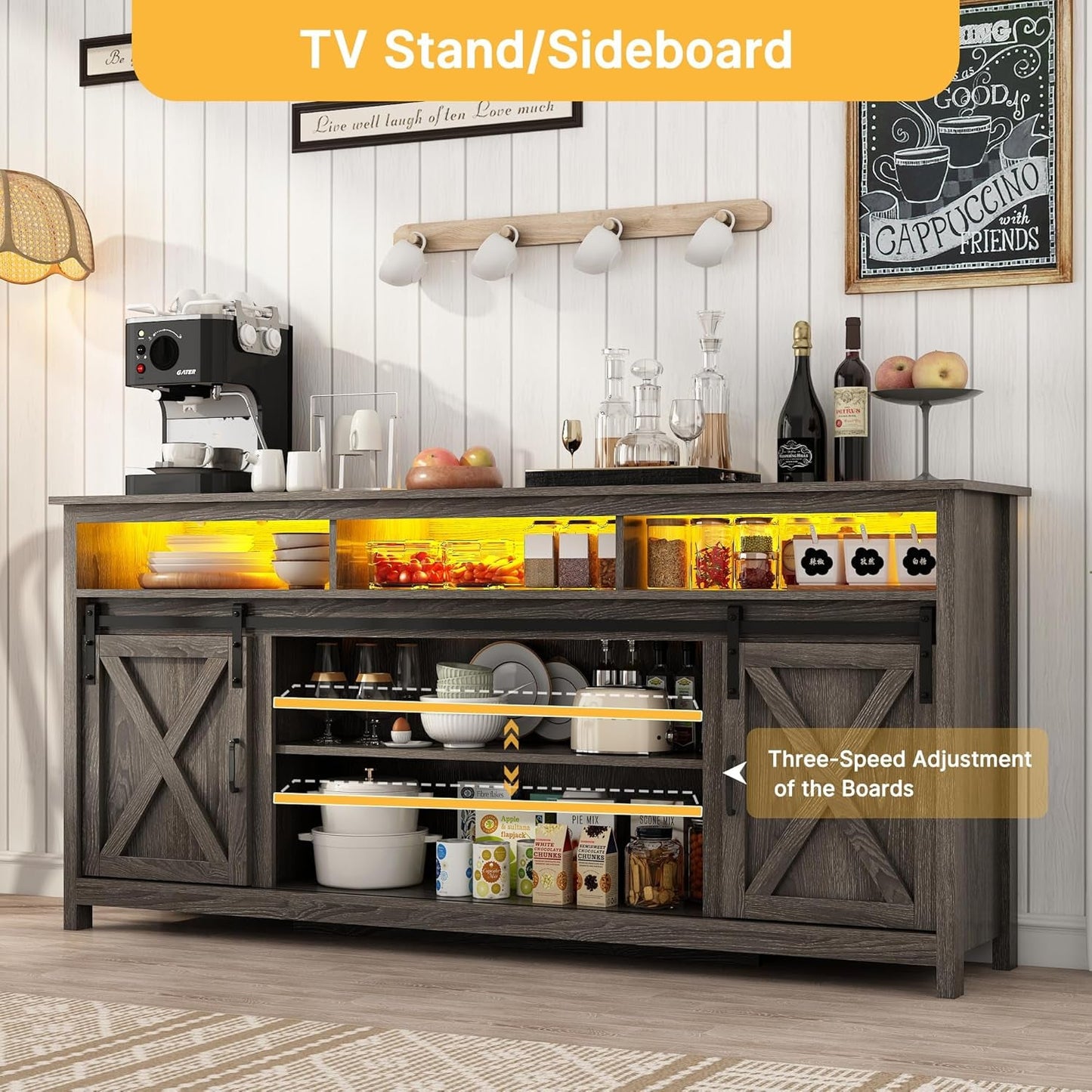 70In Wooden Farmhouse Entertainment Center for 80/75 Inch Tv,Double Layer Storage Farmhouse TV Stand,Double-Row Sockets with Wood Sliding Barn Door TV Stand(Double Layer Grey Wash)-3