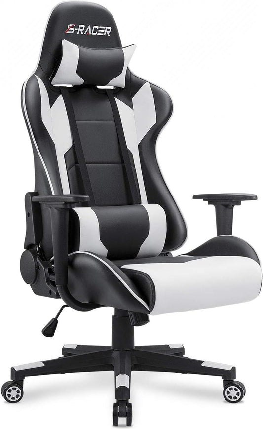 Gaming Chair, Office Chair High Back Computer Chair Leather Desk Chair Racing Executive Ergonomic Adjustable Swivel Task Chair with Headrest and Lumbar Support (White)-0