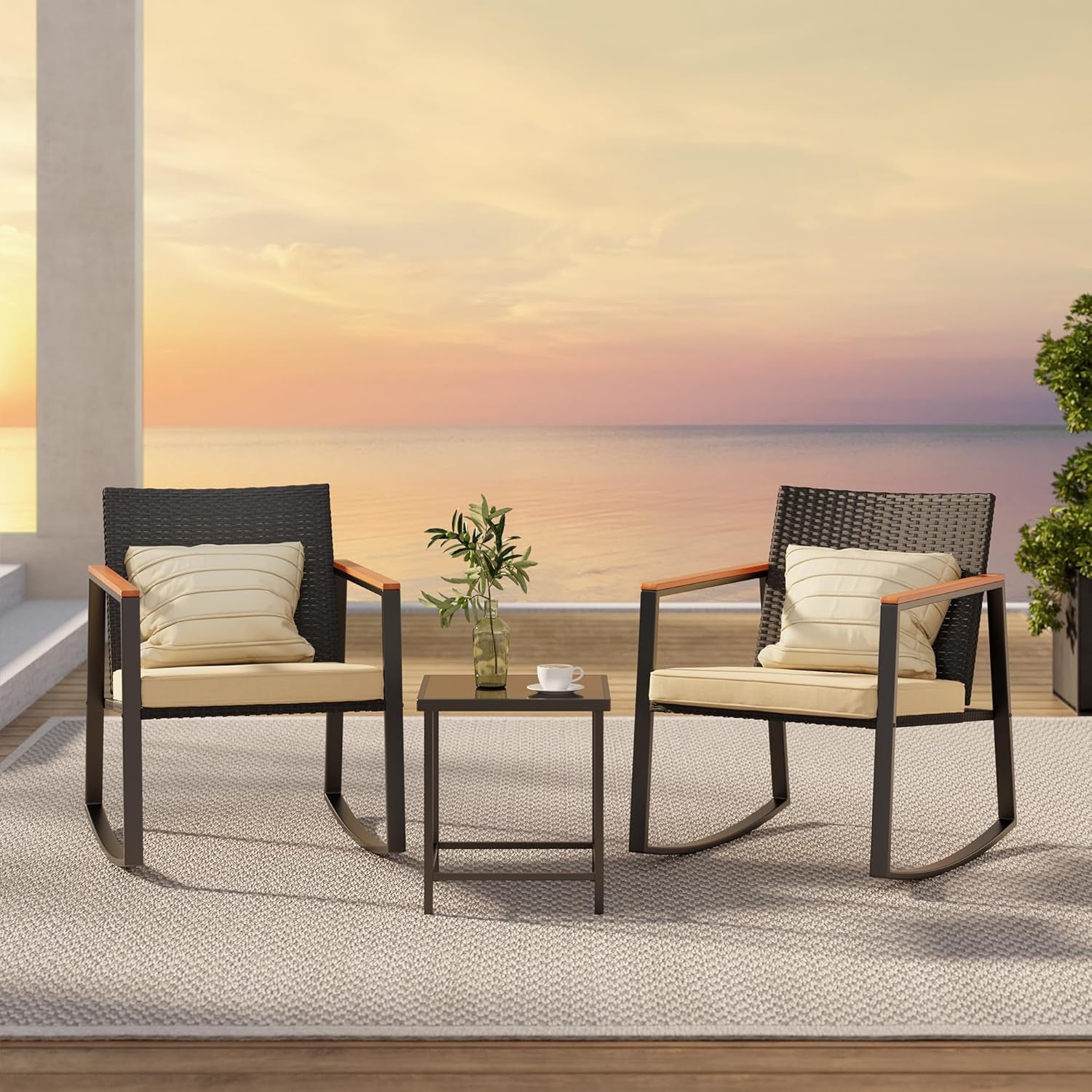 3 Pieces Rocking Patio Bistro Set with Anti-Scald Armrest, Outdoor Patio Wicker Furniture Set with Glass Table and Cushion for Garden, Yard, Porch-2