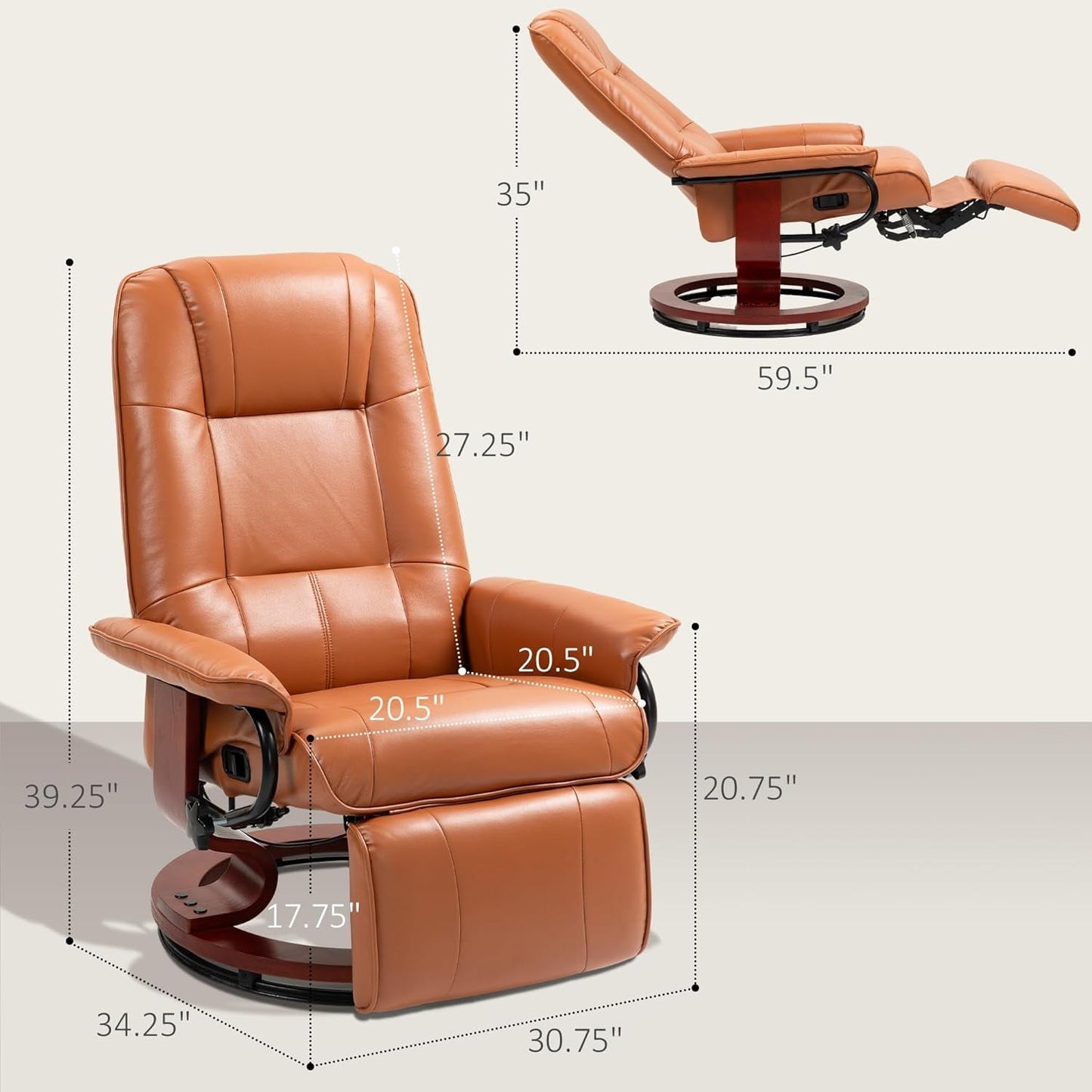Faux Leather Manual Recliner, Adjustable Swivel Lounge Chair with Footrest, Armrest and Wrapped Wood Base for Living Room, Light Brown-2