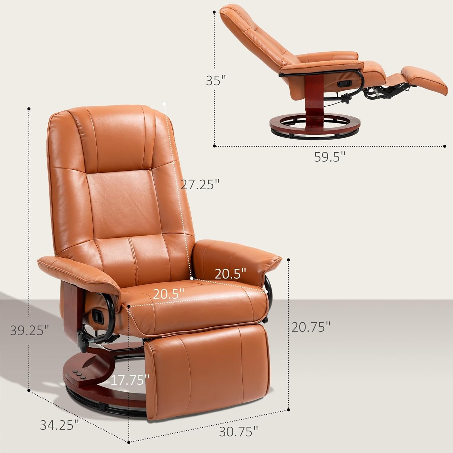 Faux Leather Manual Recliner, Adjustable Swivel Lounge Chair with Footrest, Armrest and Wrapped Wood Base for Living Room, Light Brown-2