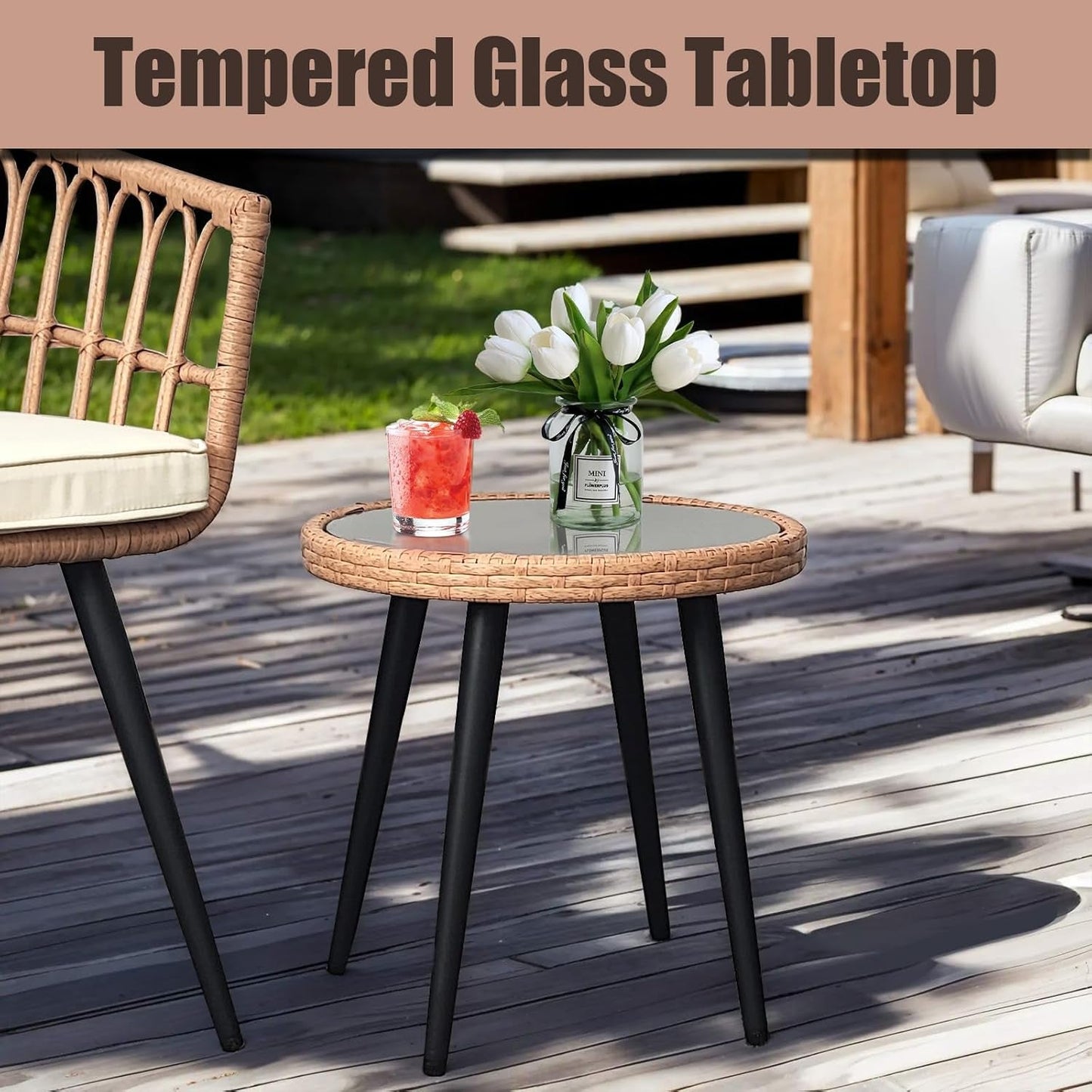 3 Piece Patio Wicker Bistro Set, All-Weather Outdoor Balcony Furniture Set with Tempered Glass Table and Cushioned Chairs for Balcony, Porch, or Backyard, Beige-3