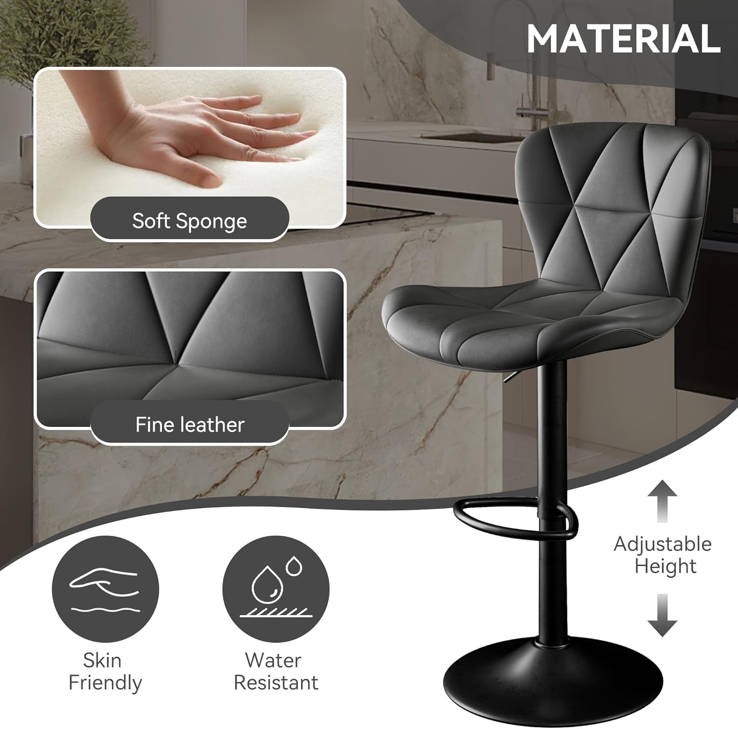 Bar Stools Set of 2,Adjustable Swivel Barstools, Faux Leather Bar Chairs,Upholstered Counter Height with High Backrest for Kitchen Island, Black-2