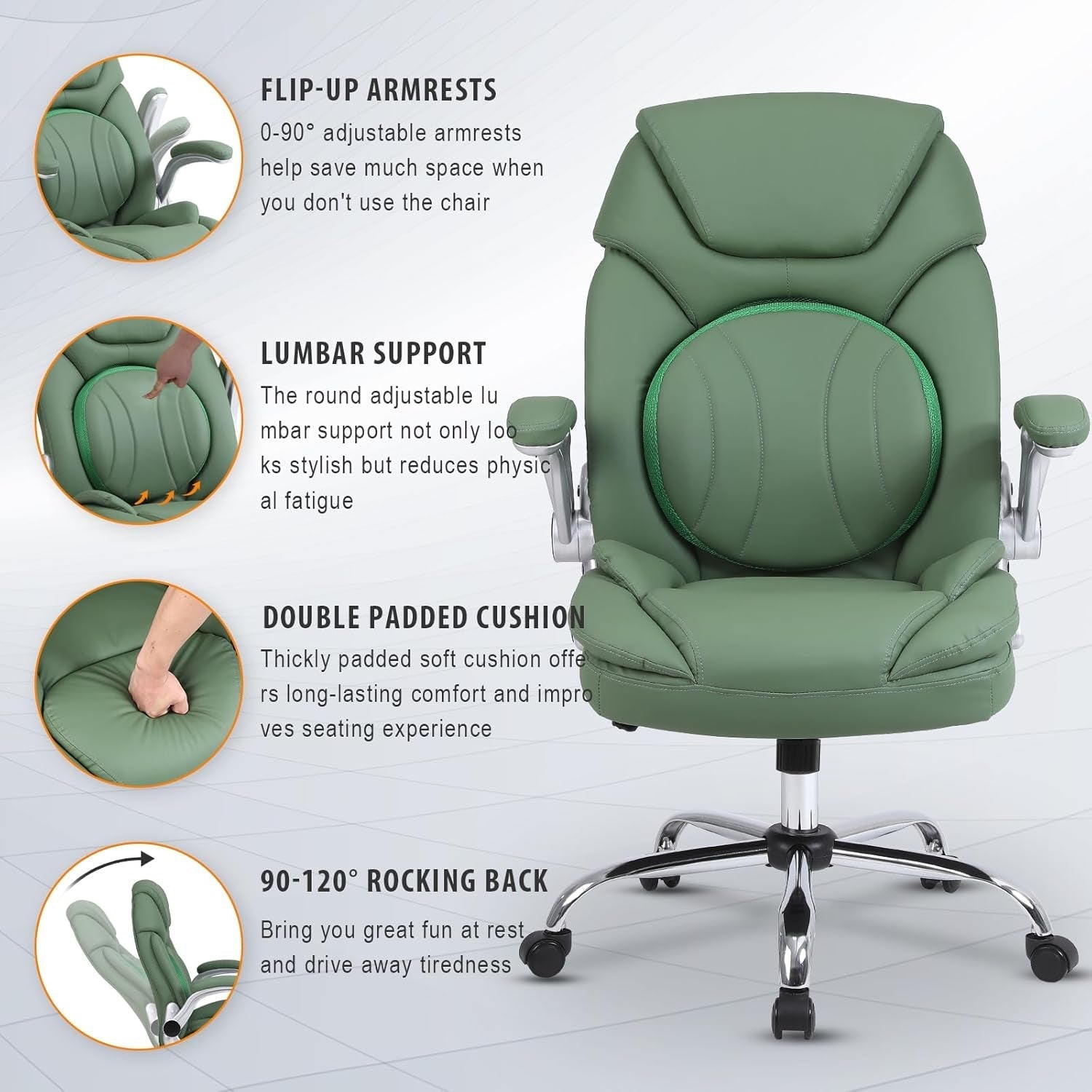 Modern Executive Office Chairs with Lumbar Support, 90-120° Rocking Managerial Chair Ergonomic PU Leather Home Office Desk Chairs with Wheels, Flip-Up Arms & Back Support (Green)-3