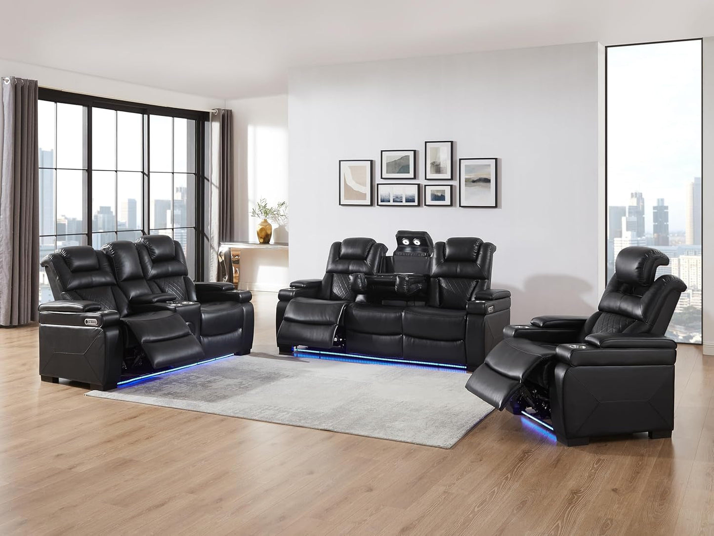 Power Breathable Leather Reclining Sofa Set with LED Light, Home Theater Seating Recliner Couch with Adjustable Headrest/Reading Light/Usb Port/Wireless Charing/Bluetooth Speaker, Black-0