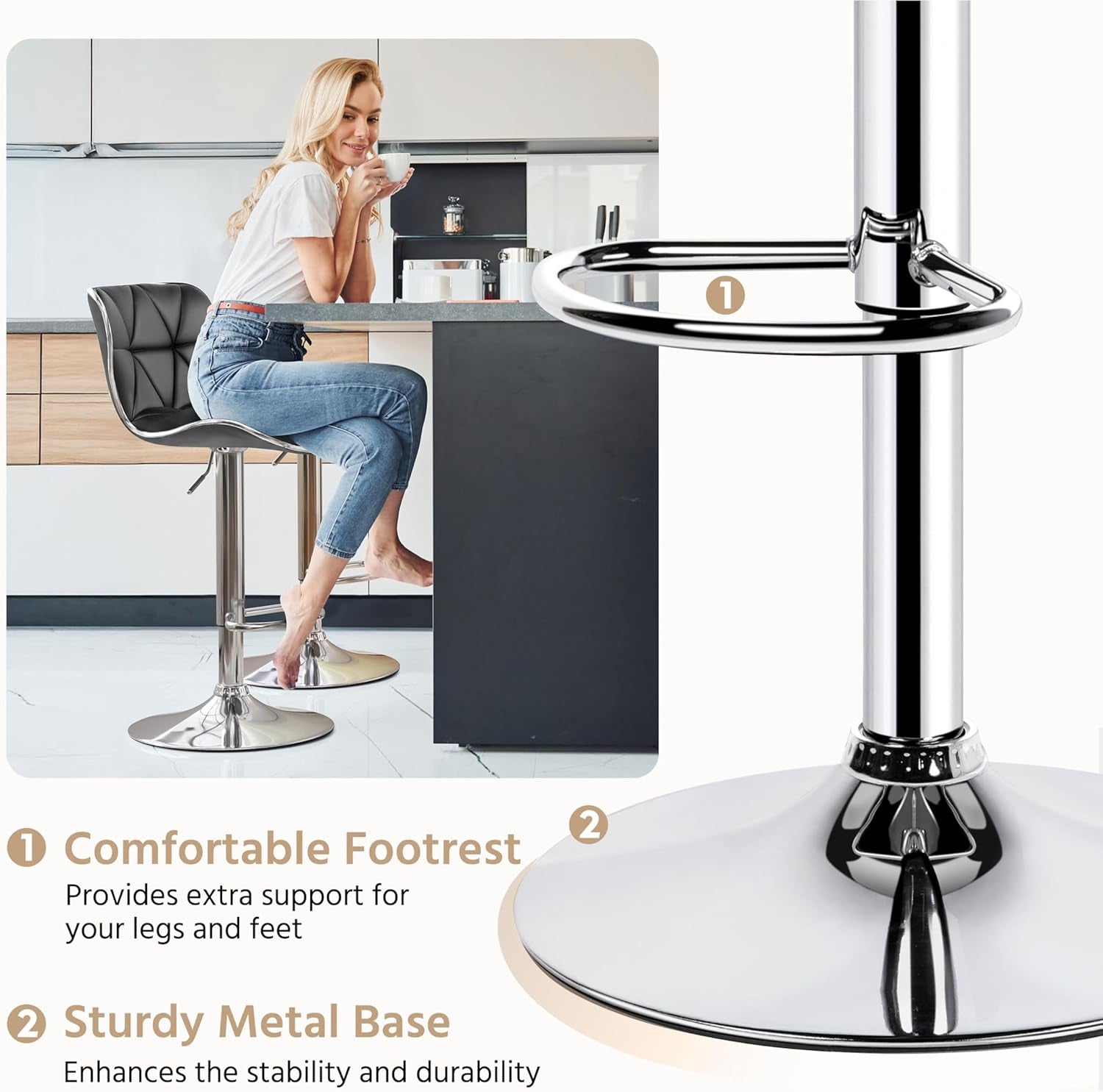 Bar Stools, Stylish Adjustable PU Leather Swivel Barstools, Counter Height Bar Chair Set of 2 with Foma Padded for Home Kitchen, Grey-4