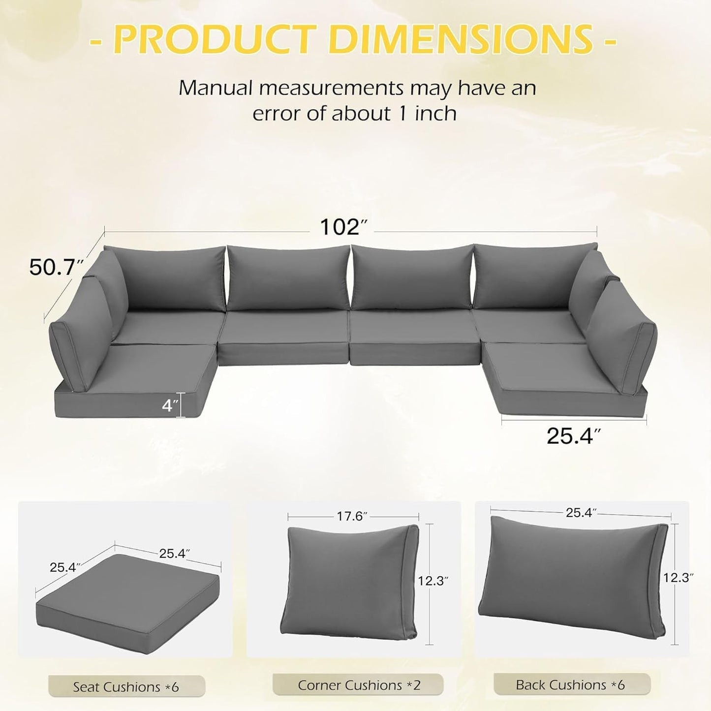 Outdoor Replacement Cushions for Patio Furniture,Water-Repellent Sofa Cushion for 6-Seat Rattan Wicker Sectional Patio Conversation Sets,14-Piece Cushions Set for Outdoor Couch-Gray-2