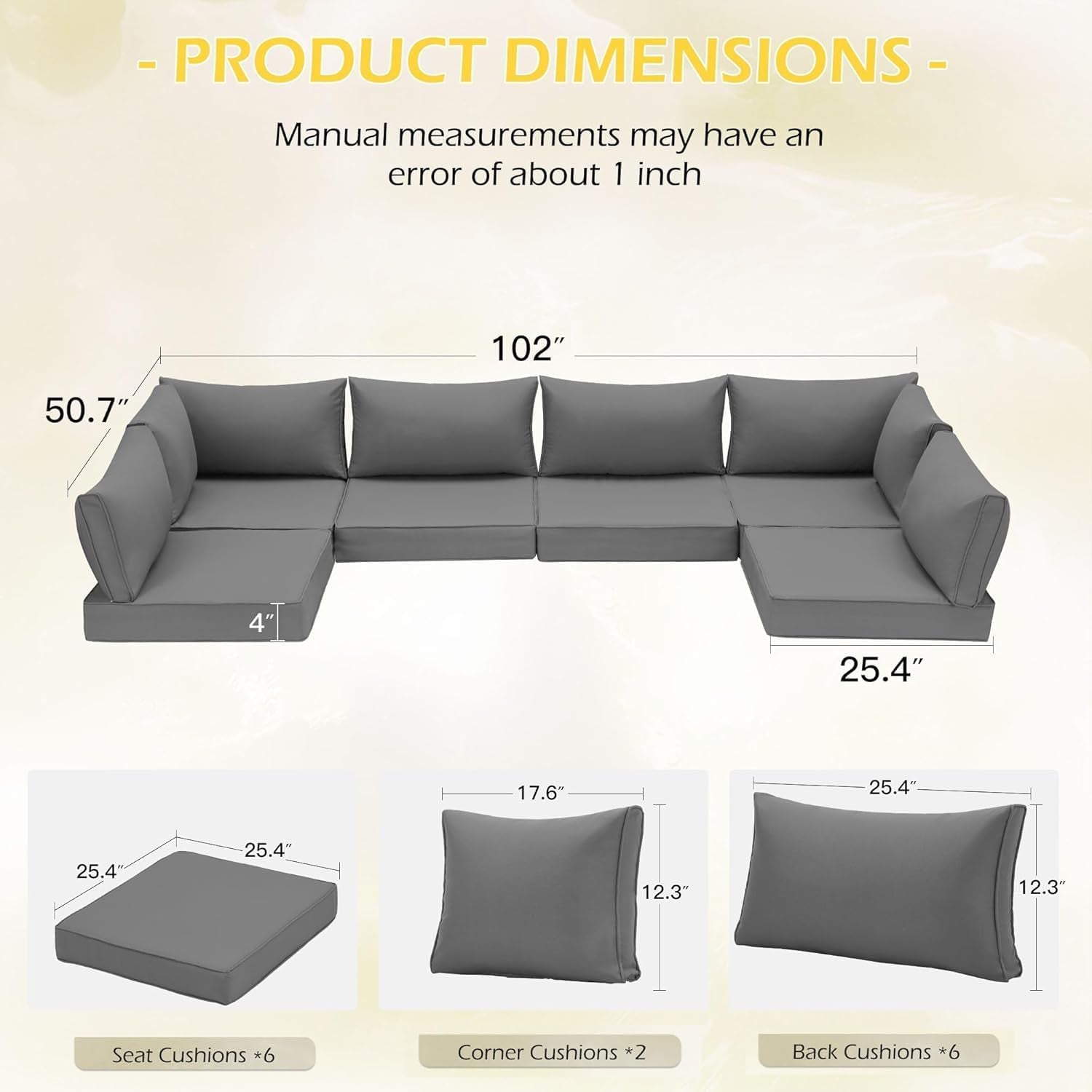 Outdoor Replacement Cushions for Patio Furniture,Water-Repellent Sofa Cushion for 6-Seat Rattan Wicker Sectional Patio Conversation Sets,14-Piece Cushions Set for Outdoor Couch-Gray-2