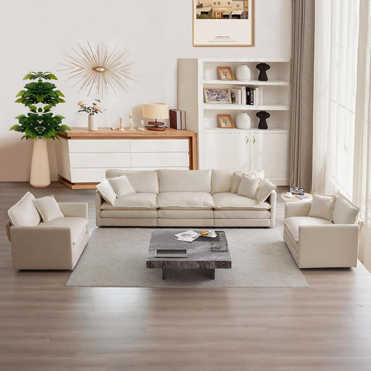 Luxury 3 Piece Sofa Set, 2 Pieces of Single Sofa and 1 Piece of 3 Seater Sofa, Modern Chenille Comfy Cloud Couches Set with 7 Pillows for Living Room Office, Light Coffee-0