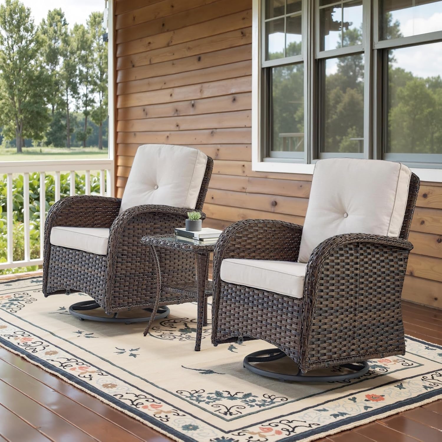 Patio Wicker Chairs Swivel Rocker Outdoor Swivel Rocking Chairs Set of 2 with Rattan Side Table Patio Swivel Glider Chair 3 Piece Patio Furniture Sets for Porch Pool Brown/Beige, (A085-2)-0