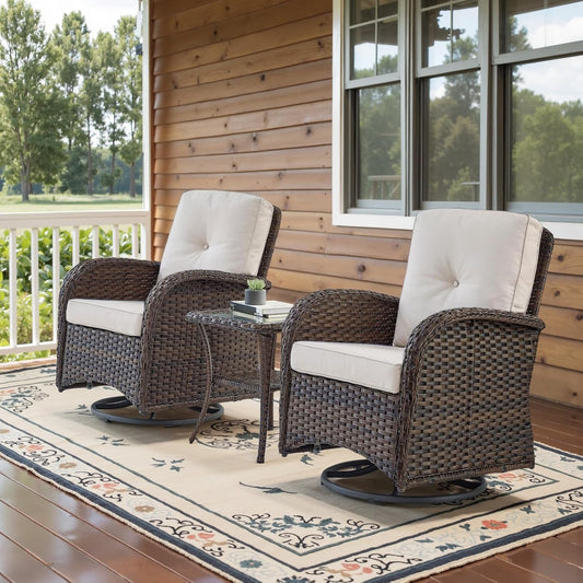 Patio Wicker Chairs Swivel Rocker Outdoor Swivel Rocking Chairs Set of 2 with Rattan Side Table Patio Swivel Glider Chair 3 Piece Patio Furniture Sets for Porch Pool Brown/Beige, (A085-2)-0